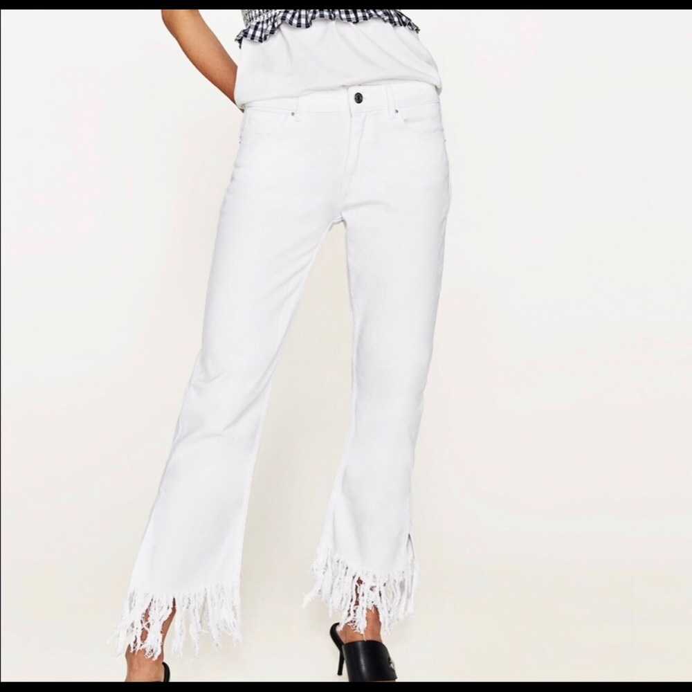 Zara Basic Denim White Fringe Bottom Jeans
